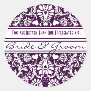 Purple Damask Vintage Floral Wedding Favours Classic Round Sticker