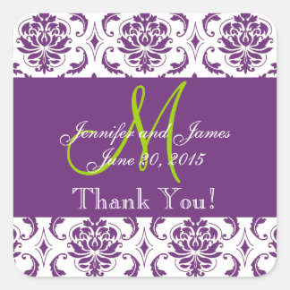 Purple Damask Wedding Favour Thank You Square Sticker