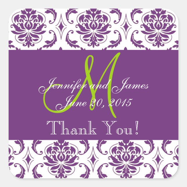 Purple Damask Wedding Favour Thank You Square Sticker (Front)