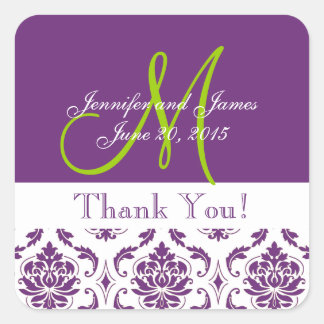 Purple Damask Wedding Favour Thank You Square Sticker