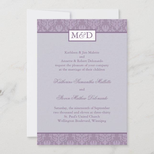 Purple Damask Wedding Invitation (Front)