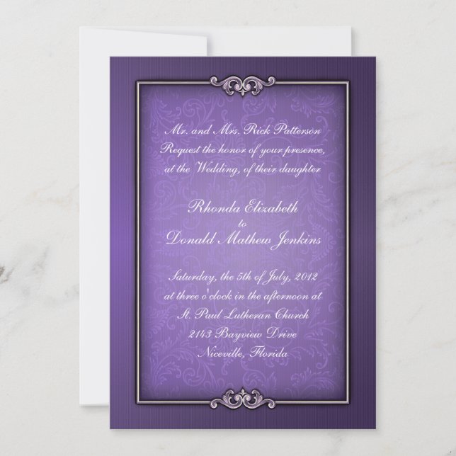 Purple Damask Wedding Invitation (Front)