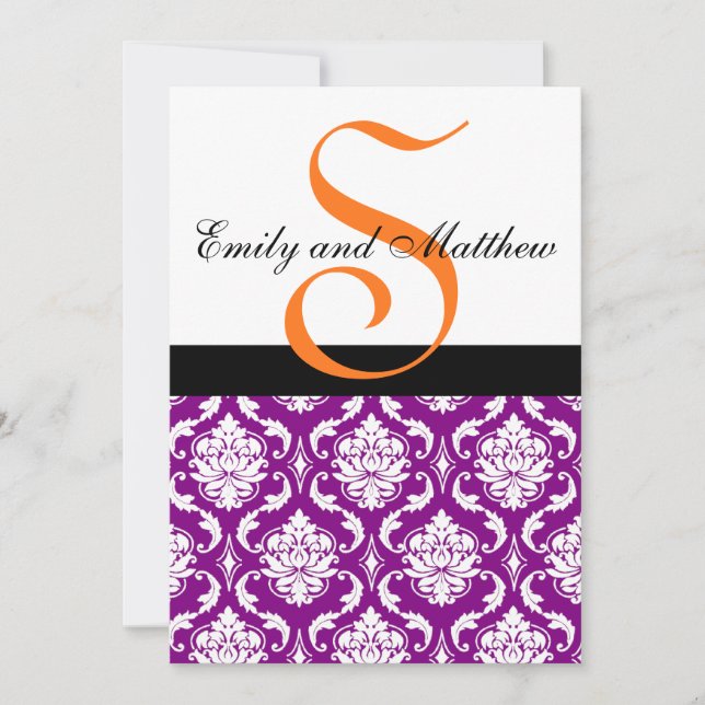 Purple Damask Wedding Invitations Orange Monograms (Front)