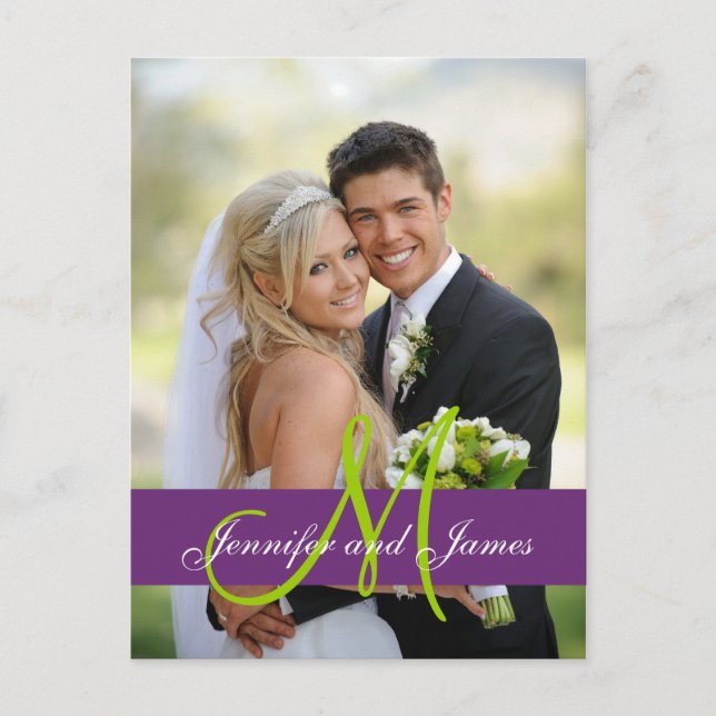 Purple Damask Wedding Photo Thank You Postcard (Front)