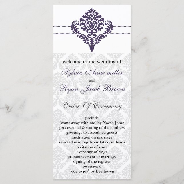 purple damask Wedding program Programme (Front)