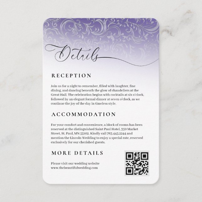 Purple Damask Wedding Reception Enclosure Card (Front)