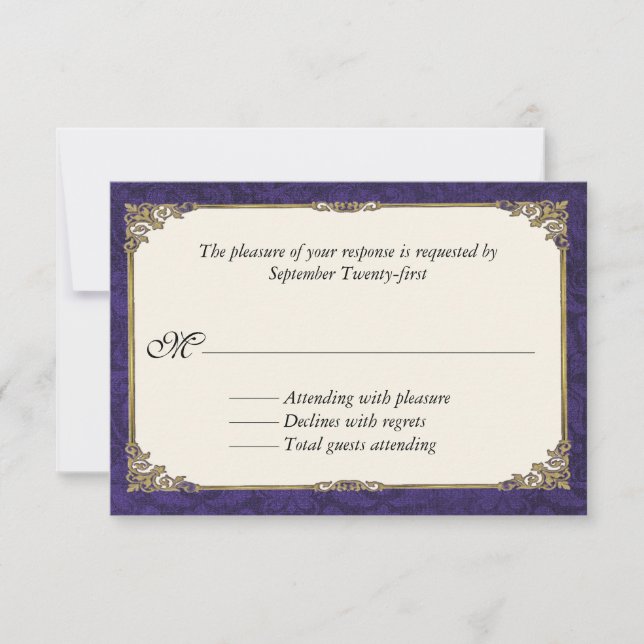 Purple Damask Wedding Response RSVP Card (Front)