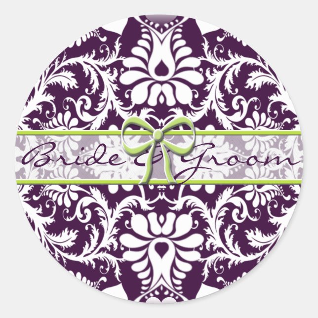 Purple Damask Wedding Save the Date Sticker (Front)