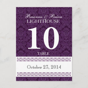 Purple Damask Wedding Table Number Card Reception