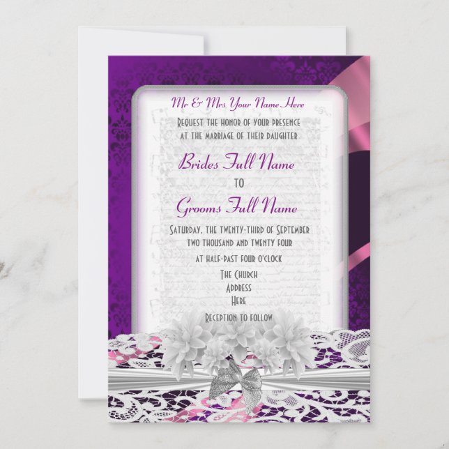 Purple damask  white lace wedding invitation (Front)