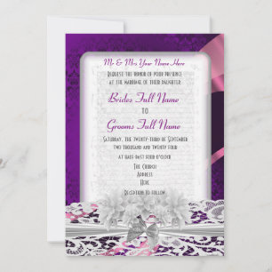 Purple damask  white lace wedding invitation
