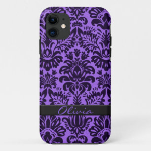 Purple Damask with name iPhone 11 Case