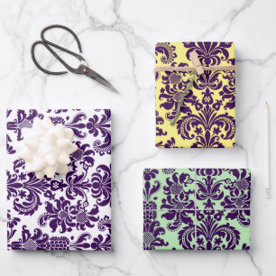 Purple Damasks On White, Green and Yellow Wrapping Paper Sheet