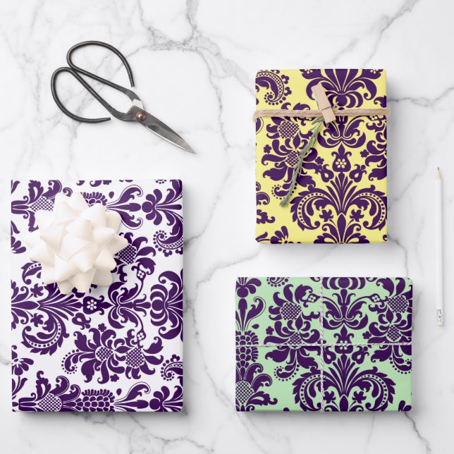 Purple Damasks On White, Green and Yellow Wrapping Paper Sheet (Front)