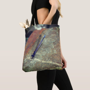 Purple Damselfly Posing On Rock Close Up Tote Bag