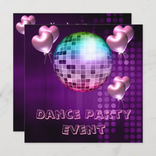 Purple Dance Party Event Mirrorball Love Balloons Invitation