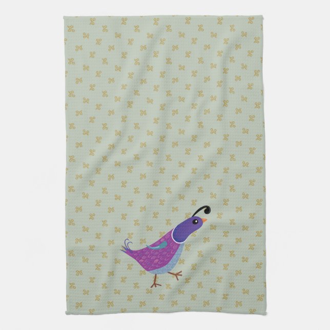 Purple Dancing Quail Kitchen Dish Towel (Vertical)