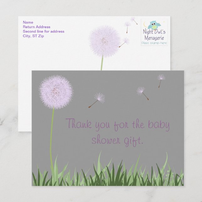 Purple Dandelion Thank You Postcard (Front/Back)