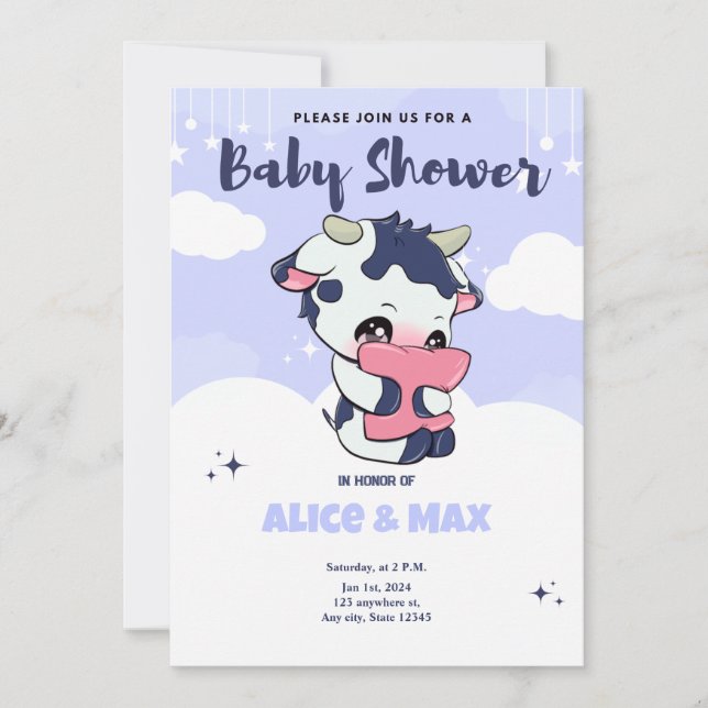 Purple Dark Blue Cow White Cloud Baby Shower  Invitation (Front)