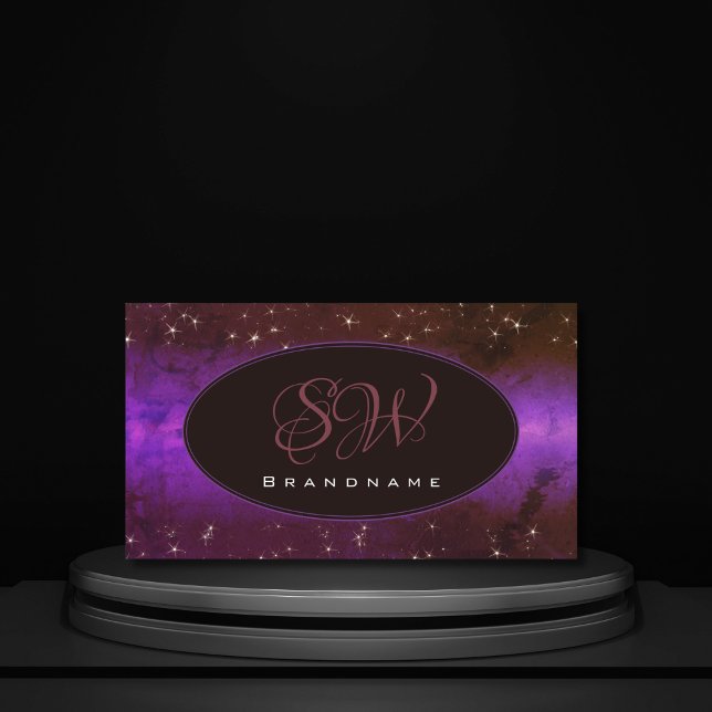Purple Dark Burgundy Galaxy Glitter Stars Initials Business Card (Creator Uploaded)