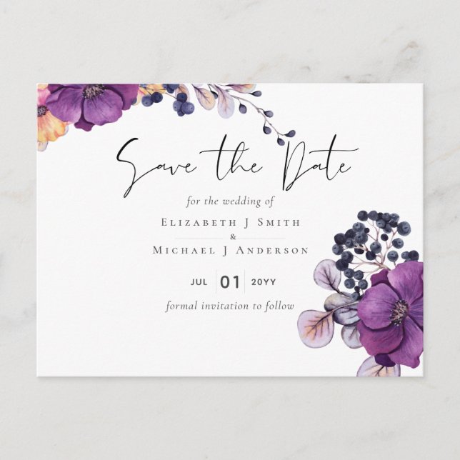 Purple  Dark Floral Budget Wedding Save Dates Postcard (Front)