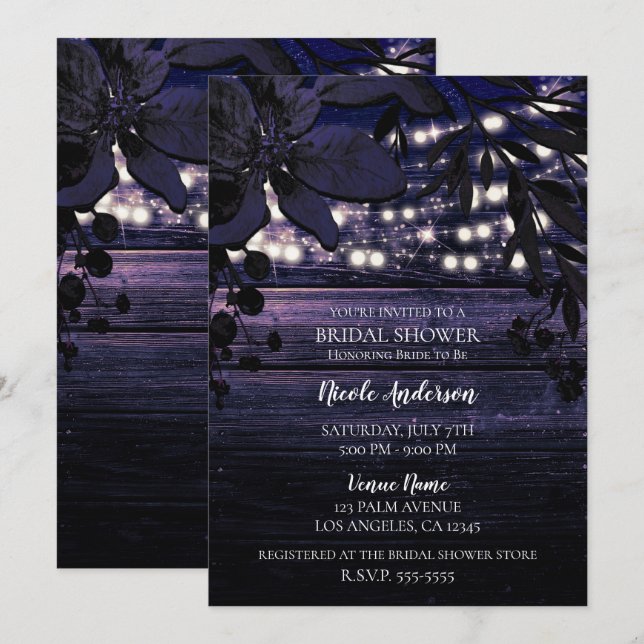Purple Dark Floral Wood Lights Bridal Shower Invitation (Front/Back)
