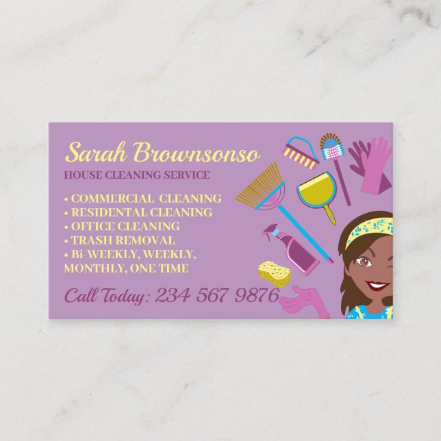 Purple Dark Skin Janitorial Lady House Cleaning Business Card (Front)