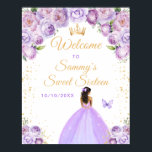 Purple Dark Skin Princess Sweet Sixteen Welcome Poster<br><div class="desc">This elegant and glamourous sweet sixteen welcome sign features a beautiful princess with dark skin in a light purple ball gown. The text combines handwritten script and modern sans serif fonts for a classy and sophisticated look. The floral arrangements, butterfly and gold confetti create the perfect blend of rustic and...</div>