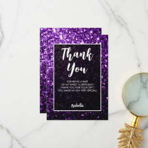 Purple dark sparkles Sweet 16 elegant script Thank You Card