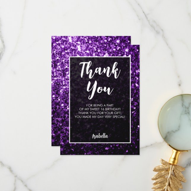 Purple dark sparkles Sweet 16 elegant script Thank You Card (Front/Back In Situ)