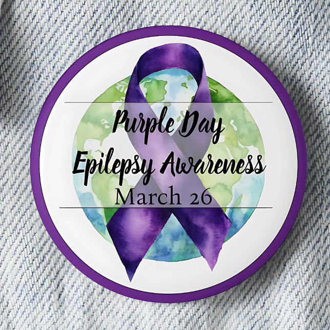 Purple Day Epilepsy Awareness March 26 6 Cm Round Badge (Purple Ribbon & Globe Purple Day for Epilepsy Awareness March 26 pinback button.)