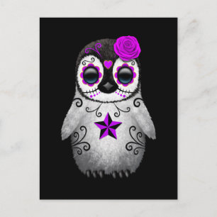 Purple Day of the Dead Sugar Skull Penguin Black Postcard