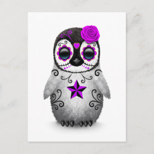 Purple Day of the Dead Sugar Skull Penguin White Postcard