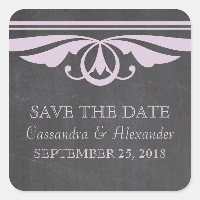 Purple Deco Chalkboard Save the Date Stickers (Front)