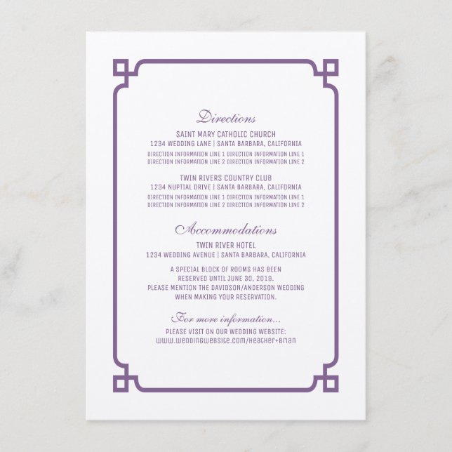 Purple Deco Chic Wedding Info Card (Front)