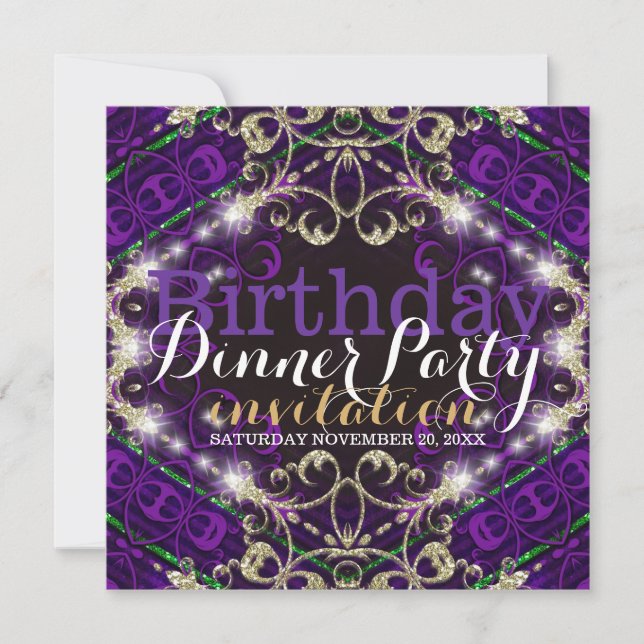 Purple Decor Sparkle Birthday Dinner Party Invite (Front)