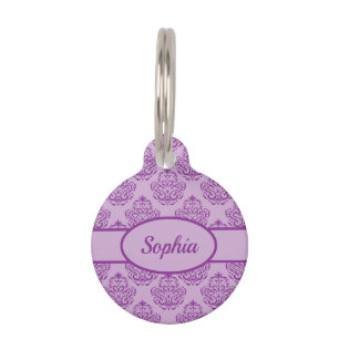 Purple Decorative Damask Pattern & Custom Pet Info Tag