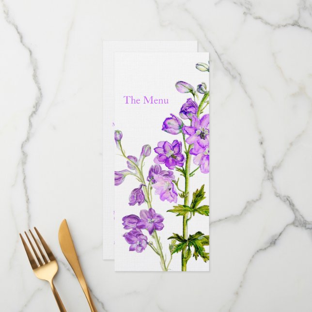 Purple delphinium art wedding dinner menu (Front/Back In Situ)