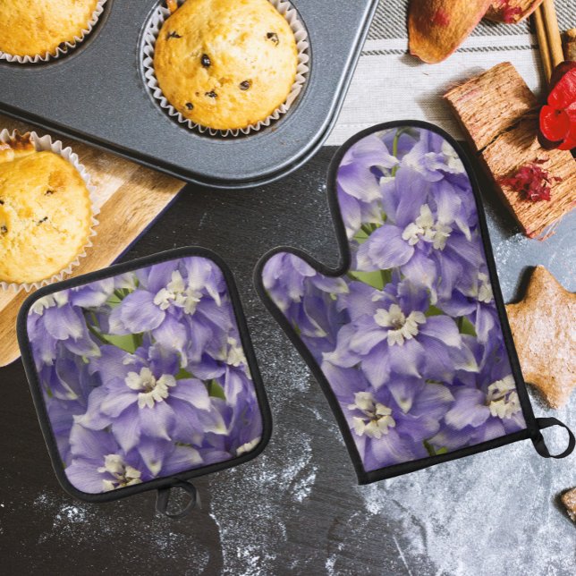 Purple Delphinium Blooms Floral Oven Mitt & Pot Holder Set (In Situ Kitchen)