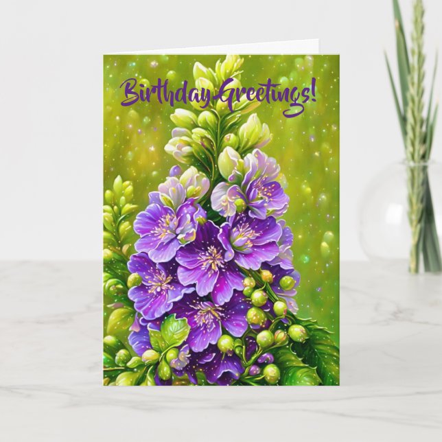 Purple Delphinium Flower Art Birthday Card (Front)