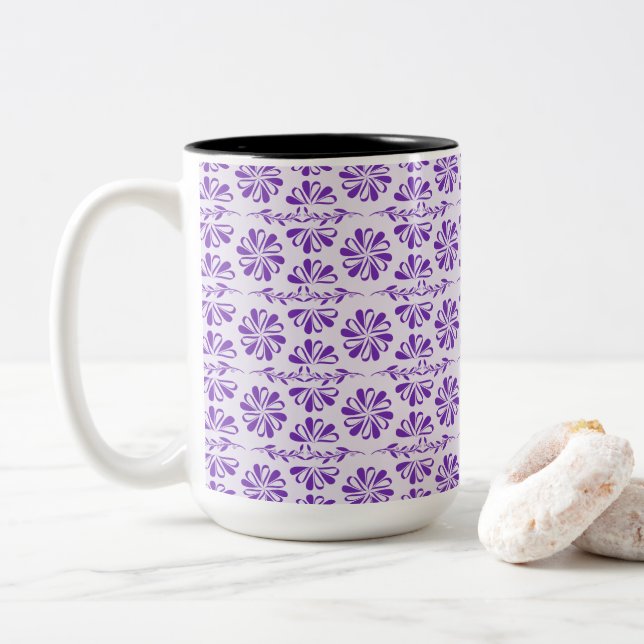 Purple Deluxe Modern Floral Two-Tone Coffee Mug (With Donut)