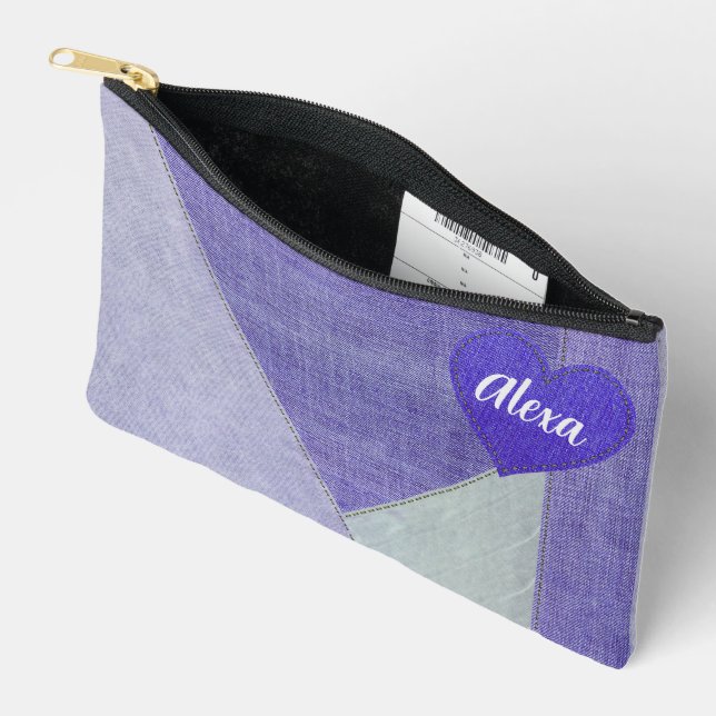 Purple Denim Heart With Name Accessory Pouch (Open)