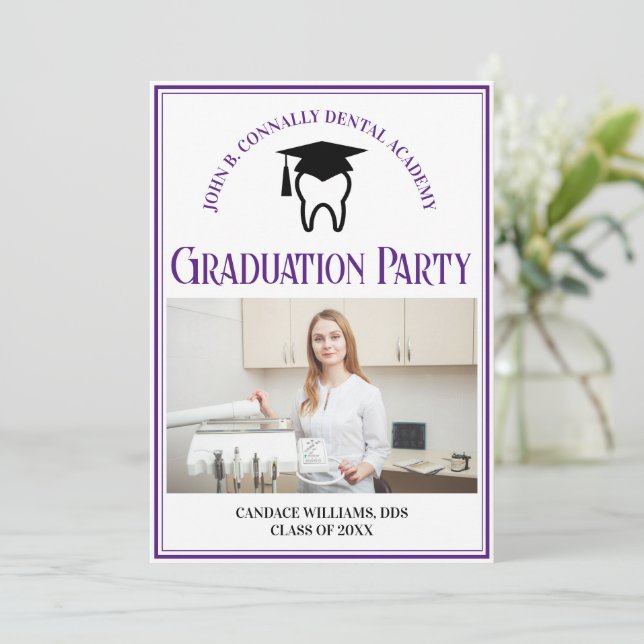 Purple Dental School Photo Custom Graduation Party Invitation (Standing Front)
