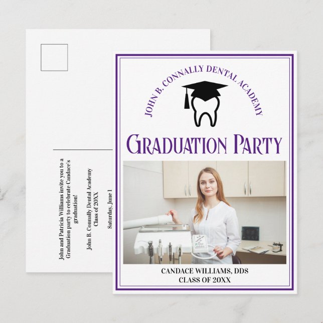 Purple Dental School Photo Custom Graduation Party Invitation Postcard (Front/Back)