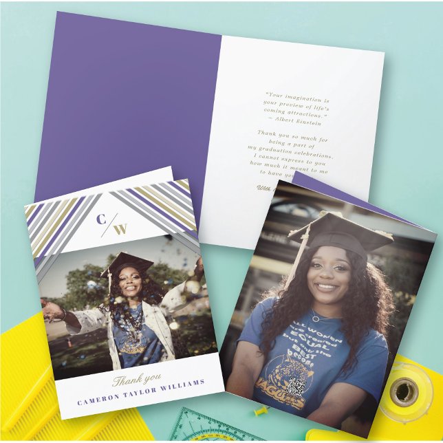 Purple Diagonal Stripes Photo Modern Graduation Thank You Card (Purple Diagonal Stripes Monogram, Photo Modern Graduation Thank You Card @ zazzle.com/color_therapy)