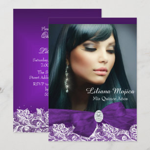 Purple Diamond Bow & Pretty Lace Quinceanera Invitation
