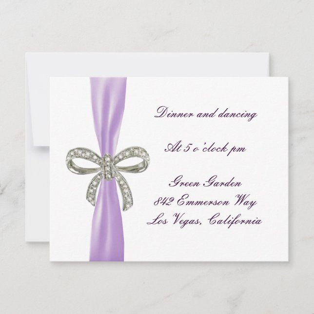 Purple Diamond Bow Wedding Reception Card (Front)