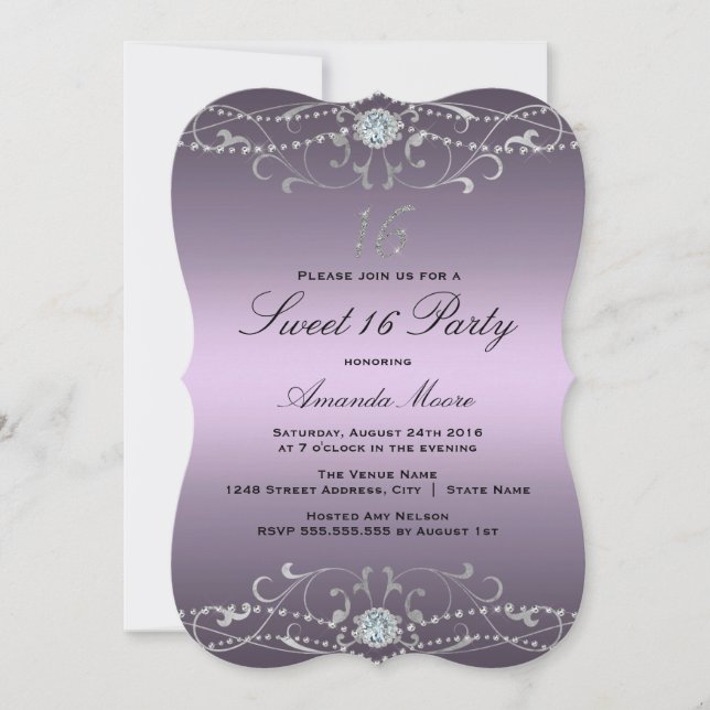 Purple Diamond Damask Sweet 16 Invitation (Front)