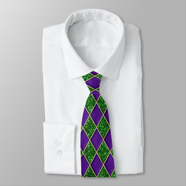 Purple Diamond Green Sequin Pattern Mardi Gras Tie (Tied)