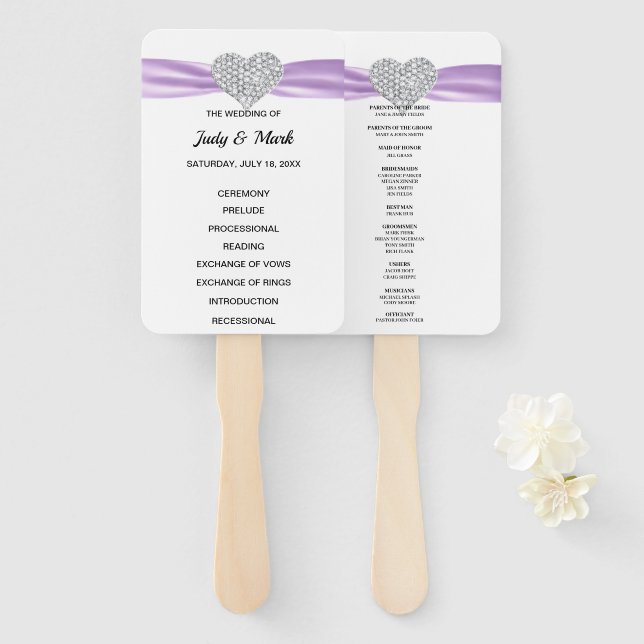 Purple Diamond Heart Wedding Program Hand Fan (Front and Back)